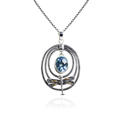 Blue topaz pendant necklace 925 sterling silver and 18K yellow gold dragonfly decorated with foxtail chain