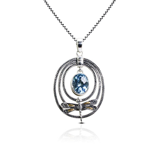 Blue topaz pendant necklace 925 sterling silver and 18K yellow gold dragonfly decorated with foxtail chain