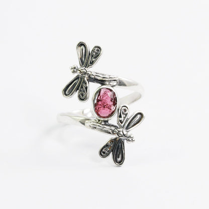 bypass ring 925 sterling silver with tourmaline and filigree dragonfly