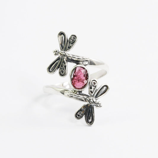 bypass ring 925 sterling silver with tourmaline and filigree dragonfly