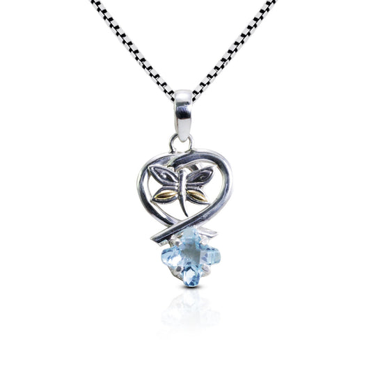 Blue topaz pendant necklace 925 sterling silver and 18K yellow gold dragonfly