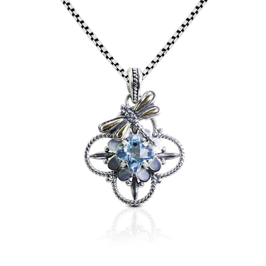 silver flower pendant necklace with genuine blue topaz set in 925 sterling silver and 18 K yellow gold dragonfly