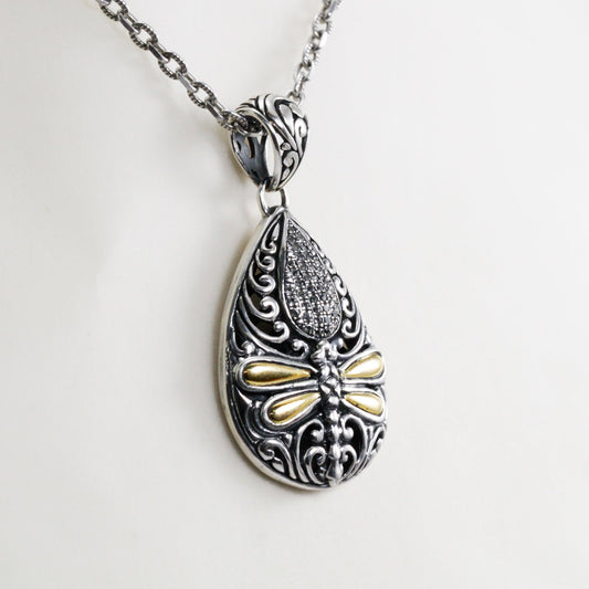pear shape pendant necklace 925 sterling silver and 18K yellow gold decorated with filigree ornament