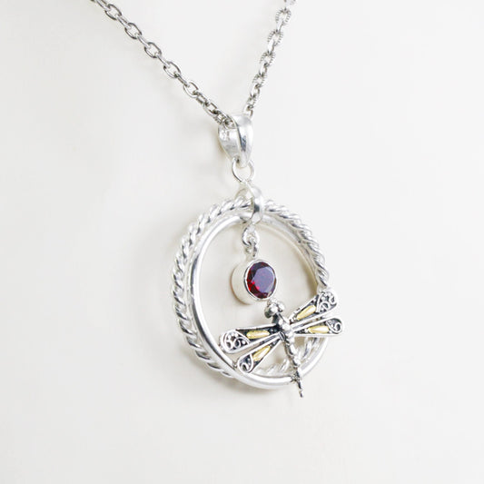 circle pendant 925 sterling silver and 18K yellow gold dragonfly with genuine red garnet