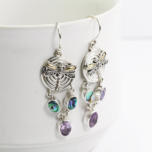 circle earrings 925 sterling silver and 18K yellow gold dragonfly decorated with amethyst and abalone shell