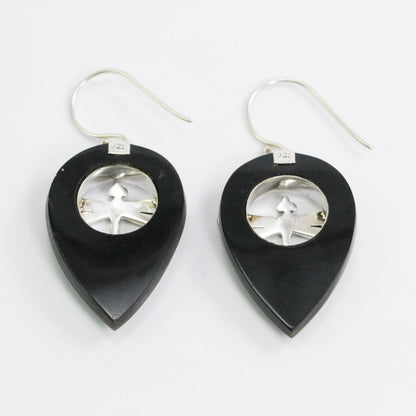 pear shape earrings dangle drop 925 sterling silver and 18K yellow gold with black shell