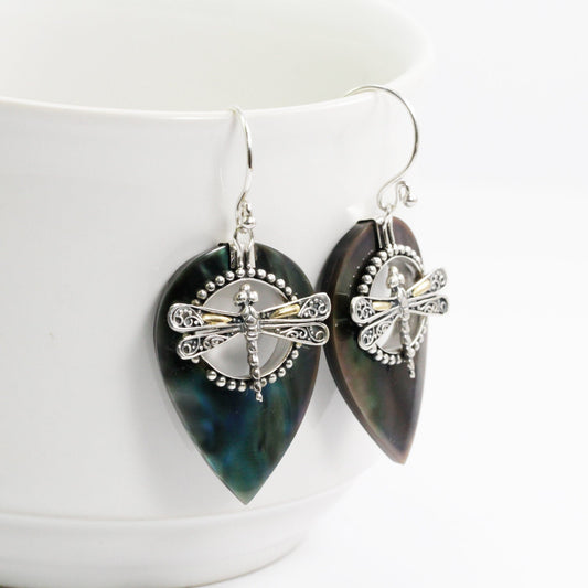 pear shape earrings dangle drop 925 sterling silver and 18K yellow gold with black shell