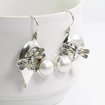 mabe pearl earrings dangle 925 sterling silver and 18K yellow gold dragonfly ornament