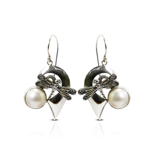 mabe pearl earrings dangle 925 sterling silver and 18K yellow gold dragonfly ornament