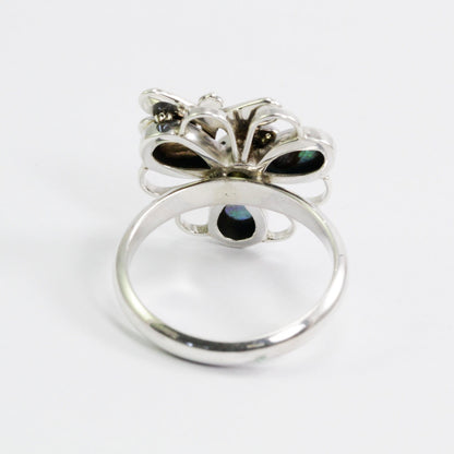 clover ring 925 sterling silver with 18K yellow gold dragonfly ornament, genuine peridot and abalone shell