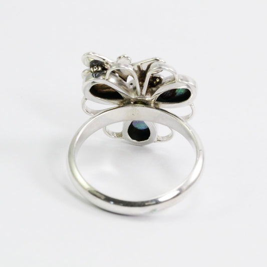 clover ring 925 sterling silver with 18K yellow gold dragonfly ornament, genuine peridot and abalone shell