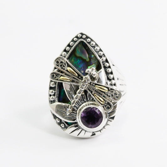 flower ring 925 sterling silver with 18K dragonfly ornament, genuine amethyst and abalone shell