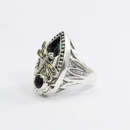 flower ring 925 sterling silver with 18K dragonfly ornament, genuine amethyst and abalone shell