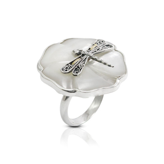flower ring from genuine white shell decorated with 18K yellow gold dragonfly ornament