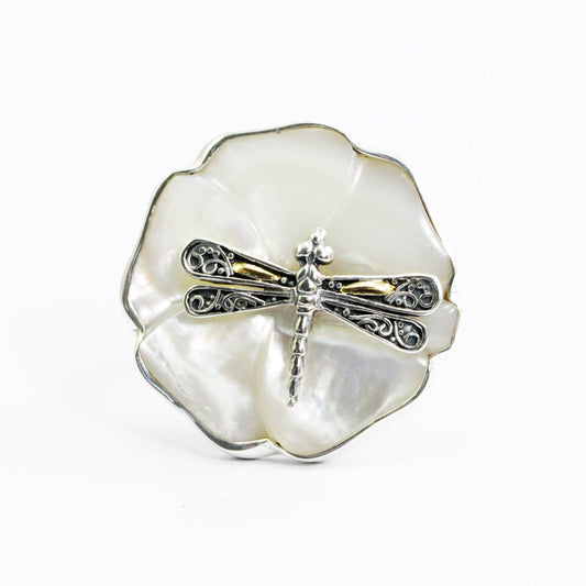 flower ring from genuine white shell decorated with 18K yellow gold dragonfly ornament