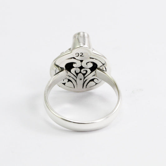 Circle ring 925 sterling silver with natural garnet decorated with dragonfly filigree ornament