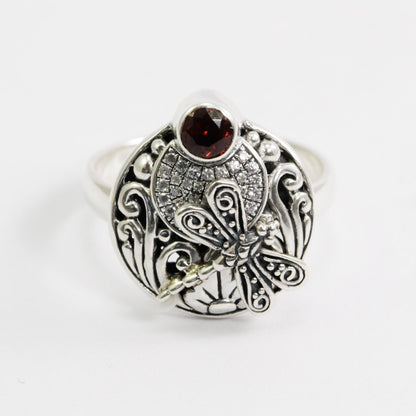 Circle ring 925 sterling silver with natural garnet decorated with dragonfly filigree ornament