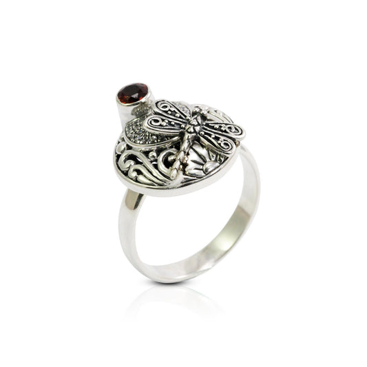 Circle ring 925 sterling silver with natural garnet decorated with dragonfly filigree ornament