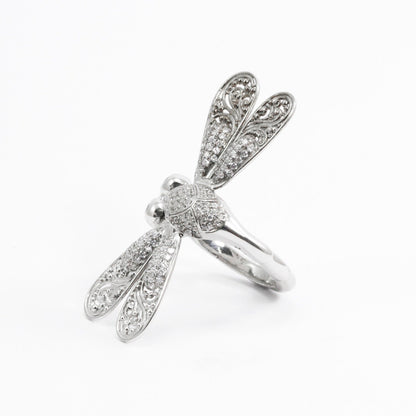 Dragonfly ring 925 sterling silver decorated with white crystal and filigree ornament