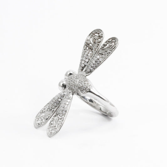 Dragonfly ring 925 sterling silver decorated with white crystal and filigree ornament