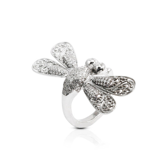 Dragonfly ring 925 sterling silver decorated with white crystal and filigree ornament