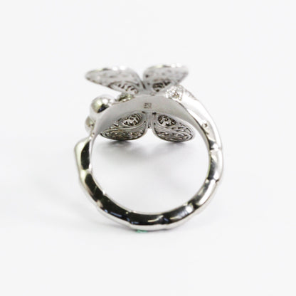 Dragonfly ring 925 sterling silver decorated with white crystal and filigree ornament