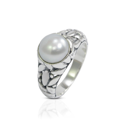fresh water pearl ring 925 sterling silver 8 mm round pearl decorated with seed ornament