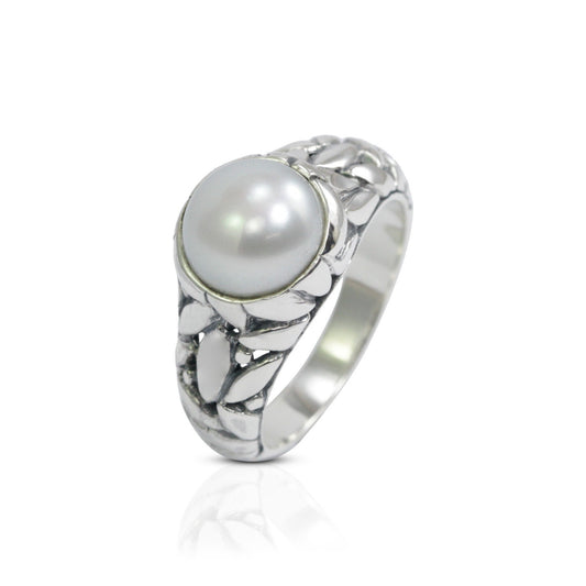 fresh water pearl ring 925 sterling silver 8 mm round pearl decorated with seed ornament