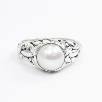 fresh water pearl ring 925 sterling silver 8 mm round pearl decorated with seed ornament