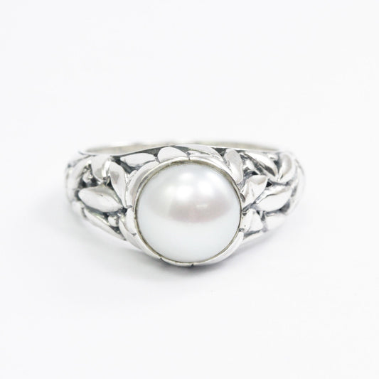 fresh water pearl ring 925 sterling silver 8 mm round pearl decorated with seed ornament