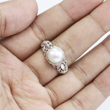 fresh water pearl ring 925 sterling silver 8 mm round pearl decorated with seed ornament