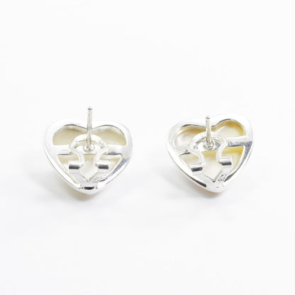 white mabe pearl stud earrings heart shape set in 925 sterling silver with omega lock