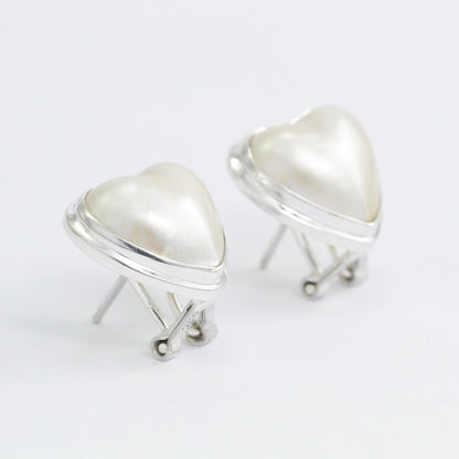 white mabe pearl stud earrings heart shape set in 925 sterling silver with omega lock