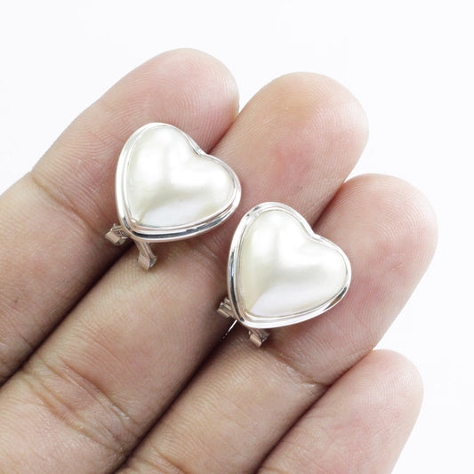 white mabe pearl stud earrings heart shape set in 925 sterling silver with omega lock