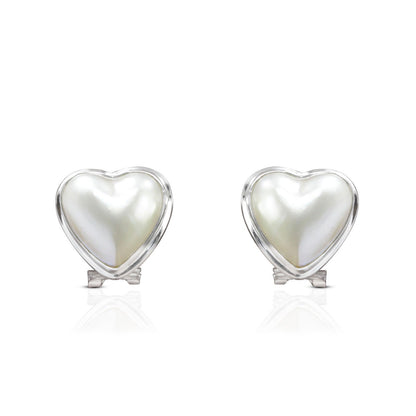 white mabe pearl stud earrings heart shape set in 925 sterling silver with omega lock
