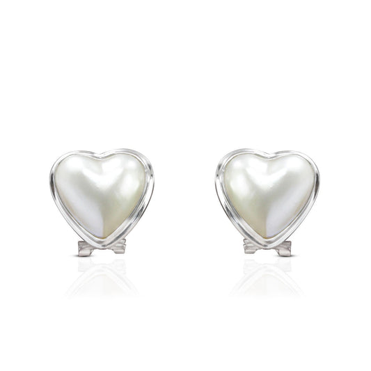 white mabe pearl stud earrings heart shape set in 925 sterling silver with omega lock