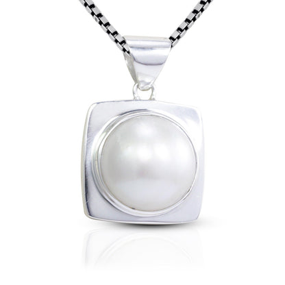 white mabe pearl pendant 925 sterling silver with square doom frame