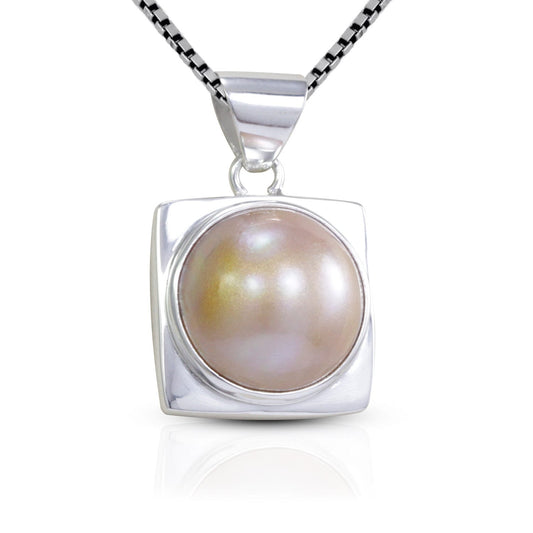 Golden mabe pearl pendant 925 sterling silver with square doom frame