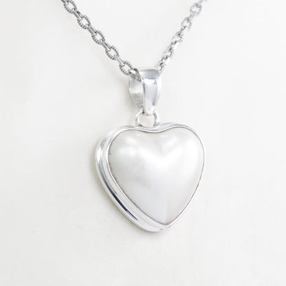 white mabe pearl pendant necklace heart shape set in 925 sterling silver bezel set