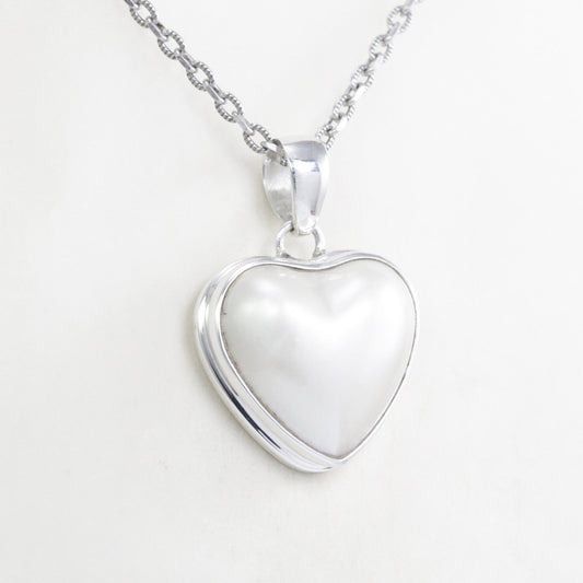 white mabe pearl pendant necklace heart shape set in 925 sterling silver bezel set