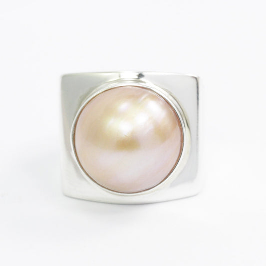 Golden mabe pearl ring 925 sterling silver doom wide band ring