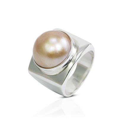 Golden mabe pearl ring 925 sterling silver doom wide band ring