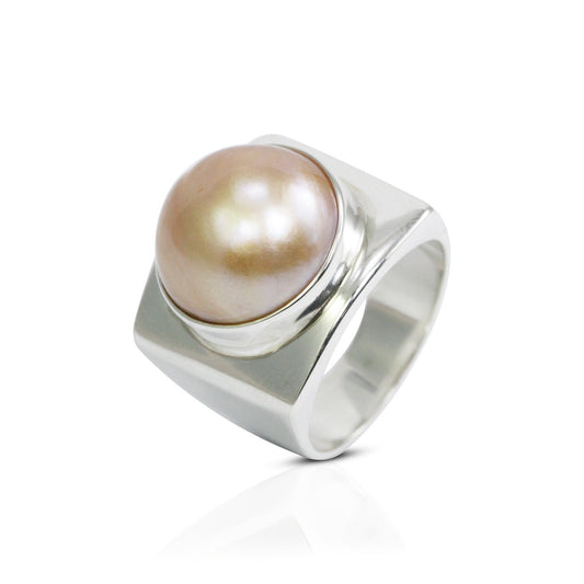 Golden mabe pearl ring 925 sterling silver doom wide band ring