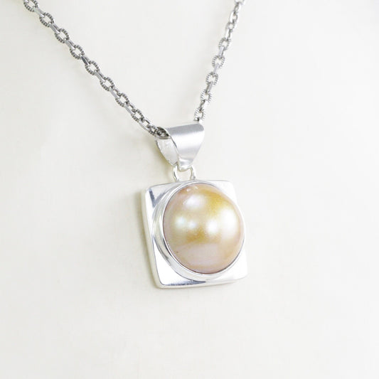 Golden mabe pearl pendant 925 sterling silver with square doom frame