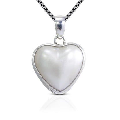 white mabe pearl pendant necklace heart shape set in 925 sterling silver bezel set