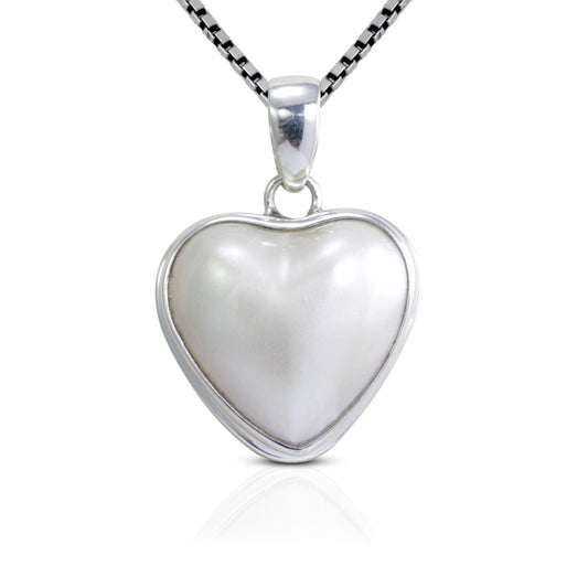 white mabe pearl pendant necklace heart shape set in 925 sterling silver bezel set