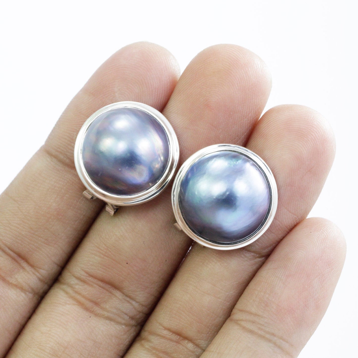 Blue Mabe Stud Earring set in Double Bezel Handmade 925 Sterling Silver with Omega Closure
