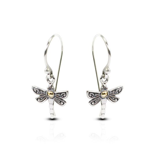 cute dragonfly earrings 925 sterling silver decorated with swirl filigree ornament and 18 K gold layer
