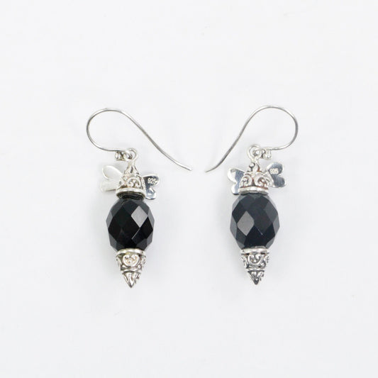 Black onyx earrings dangle drop set in 925 sterling silver decorated with dragonfly ornament