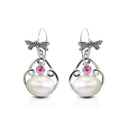 Beautiful dangle drop dragonfly earrings with genuine white mabe pearl and natural pink tourmaline,